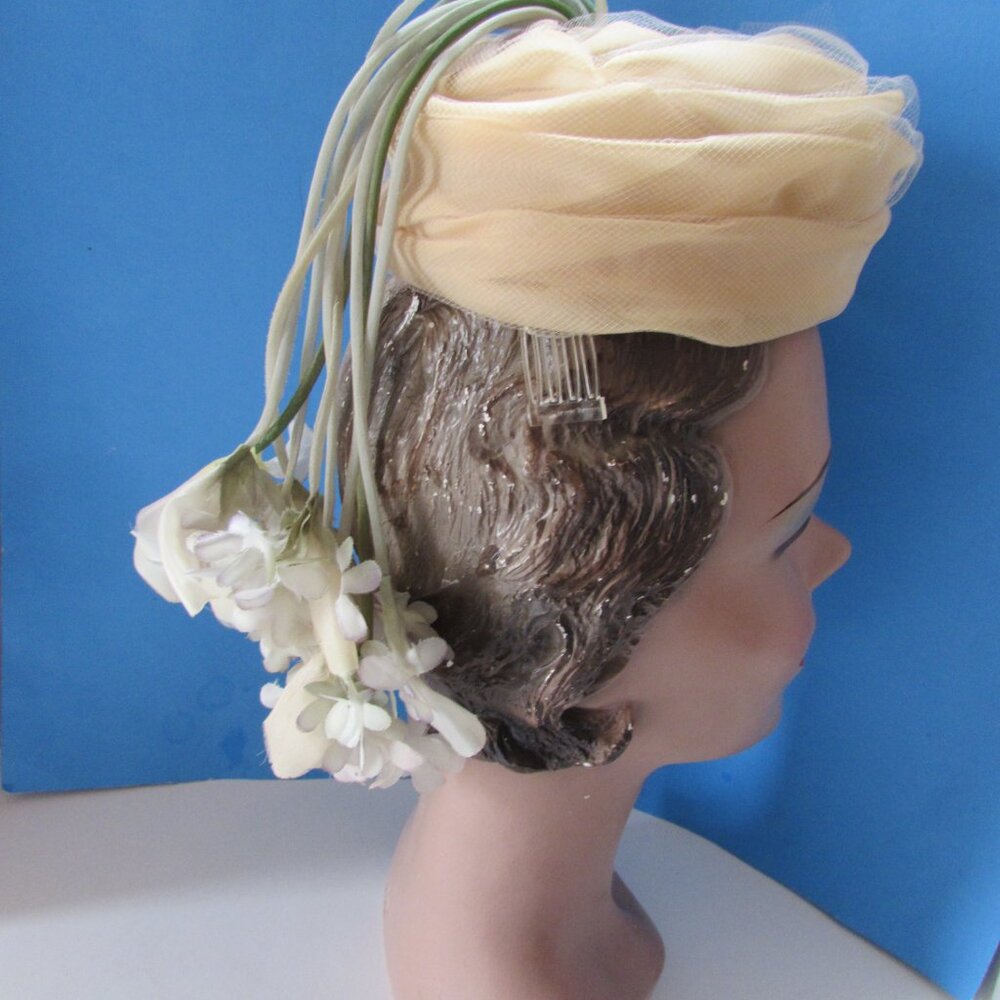 Vintage Little Topper Hat Pleated Organdy Dangling Blossoms